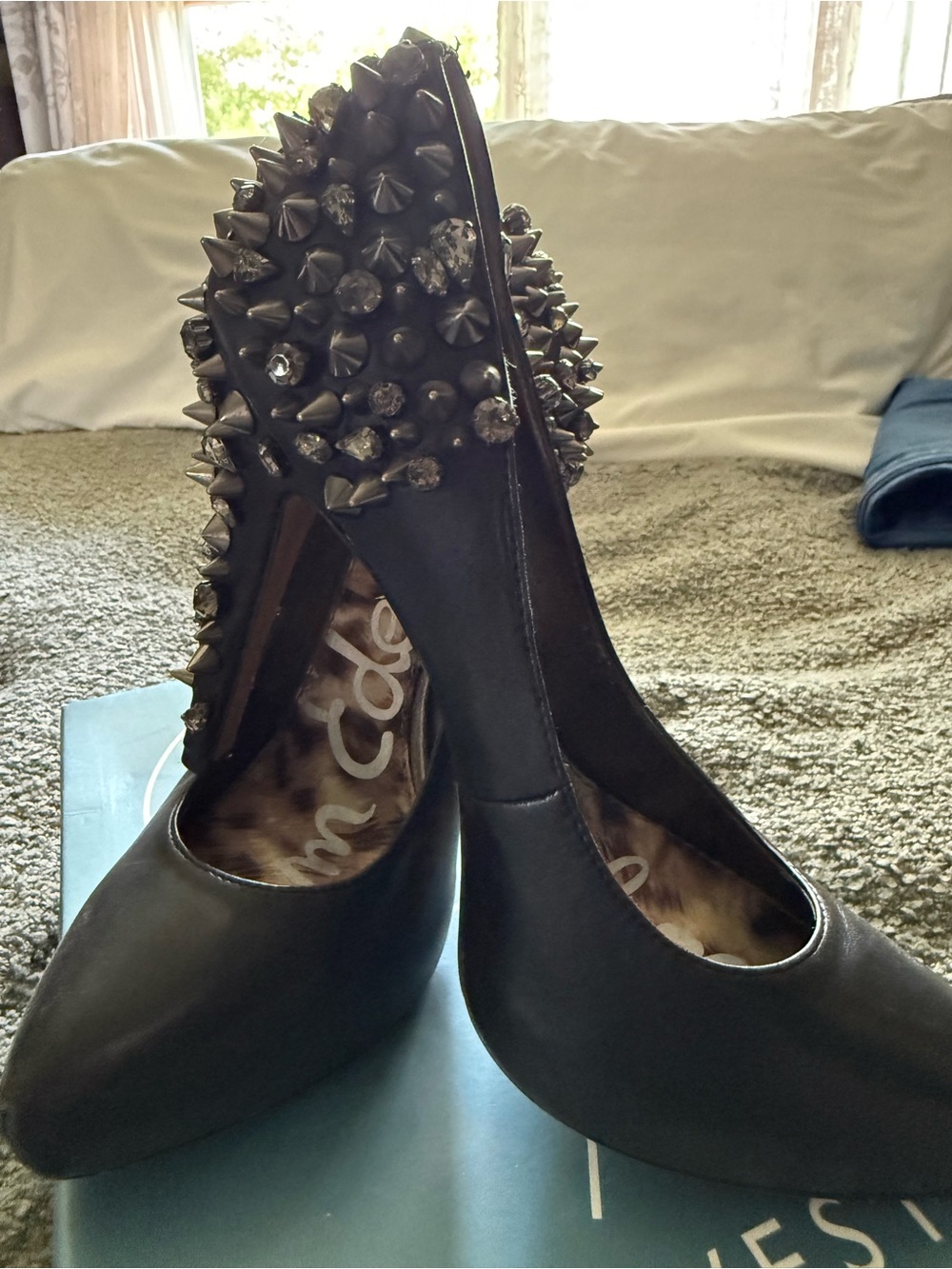 Sam Edelman Black Pointed Toe Pumps with Stud and Rhinestone Heel